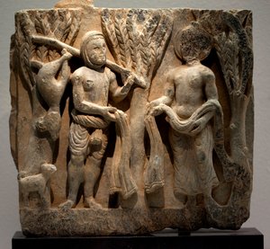 Kleiderwechsel mit einem Jäger. Flachrelief, Kunst von Gandhara (Pakistan), 2.-3. Jahrhundert. Nationalmuseum von Korea, Seoul (Südkorea). von Gandhara School