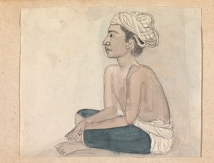 Mann mit einem blauen Tuch über den Beinen