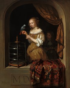 Eine Frau füttert einen Papagei, mit einem Pagen, 1666 von Gaspar Netscher