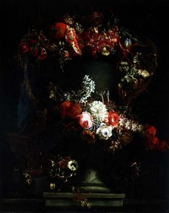 Girlande aus Trauben, Pflaumen und Granatapfel mit Blumen von Gaspar Pieter II Verbruggen