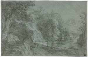 Italienische Landschaft mit Kirche auf Klippe