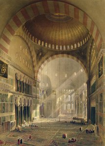 Haghia Sophia, Tafel 24: Innenansicht der zentralen Kuppel mit abgesenkten Kronleuchtern, graviert von Louis Haghe, veröffentlicht 1852 von Gaspard Fossati