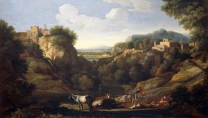 Italienische Landschaft mit Jagdszene von Gaspard Poussin Dughet
