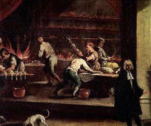 Venezianische Köche bei der Arbeit in einer Küche (Detail) - Gemälde zugeschrieben Gaspare Diziani (1698-1767), Zeichen der Kunst der Köche (Arte dei cuochi) Venedig, Museo Correr von Gasparo Diziani