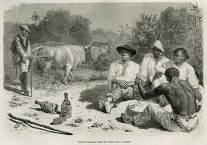 Eine Gruppe von Vaqueros spielt Karten und trinkt Alkohol, in der Nähe ihrer Rinderherden, Gravur nach einer Zeichnung von G. Vuillier, zur Illustration der Geschichte De Cayenne aux Andes, von Jules Crevaux, Arzt der französischen Marine, in den Jahren 18 von Gaston Vuillier