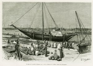 Ein Tepe auf dem Markt von Sansibar (Tansania). Gravur von G. Vuillier zur Illustration der Geschichte „Reise bei den Benadirs, Somalis und Bayouns“ von G. Revoil, veröffentlicht in Le Tour du monde 1888 von Gaston Vuillier