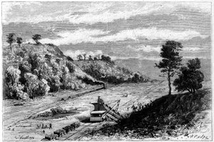 Bau des Panamakanals - Durchstich der Landenge von Panama: Gesamtansicht der Baustelle des Baggers von Monkey Hill. Gravur von Vuillier in „Le Monde Illustré“ Nr. 1309 vom 29. April 1882.