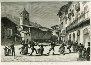 Tänze auf dem öffentlichen Platz. Gravur von G. Vuillier zur Illustration der Geschichte „Das Tal von Andorra“ von Gaston Vuillier, veröffentlicht in Le Tour du monde 1888 von Gaston Vuillier