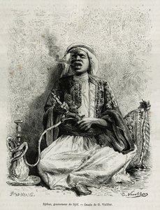 Porträt von Djohar, Gouverneur des Djof (Zusammenfassung von 7 oder 8 Dörfern, die in einem Abstand von 10 Minuten voneinander gebaut sind, in einer Linie), raucht Nargile. Gravur von G. Vuillier, um die Geschichte "Pilgerfahrt nach Nedjed, Wiege der arabi von Gaston Vuillier