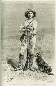 Porträt des Reisenden und Autors Carl Lumholtz. Gravur von G. Vuillier zur Illustration der Geschichte Chez les cannibales, voyage dans le nord-est d