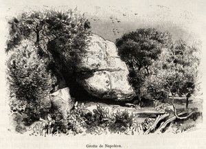 Die Napoleon-Höhle, in die sich Napoleon Bonaparte (1769-1821) als Kind gerne zurückzog, um zu studieren und zu meditieren. Gravur und Geschichte 