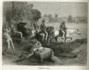 Die Expedition zu Pferd zur Erkundung des Teralbe-Tals, Gravur nach einer Zeichnung von G. Vuillier, um die Geschichte De Cayenne aux Andes von Jules Crevaux, Arzt der französischen Marine, in 1878-1879 zu illustrieren, veröffentlicht in der Tour du monde