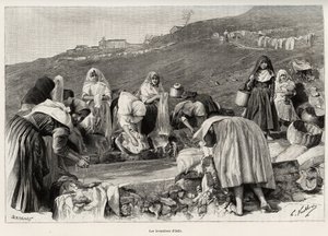 Der Lavendel von Osilo (Italien), Frauen versammelten sich um das Becken. Gravur und Geschichte „La Sardaigne“ von Gaston Vuillier (1845-1915), in 1890, in Le tour du monde, nouveau journal des voyages, unter der Leitung von Edouard Charton (1807-1890), 2. von Gaston Vuillier