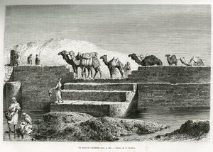 Das Reservoir von Abdallah (Saudi-Arabien). Gravur von G. Vuillier, zur Illustration der Geschichte „Pilgerfahrt nach Nedjed, Wiege der arabischen Rasse“, von Lady Anna Blunt, 1878-1879, veröffentlicht in Le tour du monde, unter der Leitung von Edouard Cha