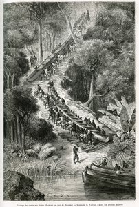 Das Ziehen von Kanus an den Innkissi-Fällen (oder Livingstone-Fällen) (Kongo), unter der Leitung von Sir H.M. Stanley (1841-1904), Zeichnung von G. Vuillier, um die Geschichte „Durch den geheimnisvollen Kontinent“ zu illustrieren, eine Reise, die zwischen 