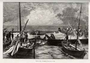Thunfischfang (Mattanza): die Todeskammer, Thunfische, die in einem engen Raum zusammengedrängt sind, werden von den Harpunen der Fischer getroffen. Gravur und Geschichte „La Sardaigne“ von Gaston Vuillier (1845-1915), 1890, in Le tour du monde, nouveau jo von Gaston Vuillier