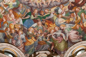Detail der Himmelfahrt der seligen Jungfrau, bekannt als "Der Chor der musizierenden Engel", Kuppel des Querschiffs, aus 1534 (Fresko) von Gaudenzio Ferrari