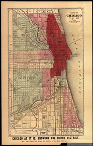 Chicago wie es ist, zeigt den verbrannten Bezirk, aus der Geschichte der großen Brände in Chicago und dem Westen von Edgar Johnson Goodspeed, veröffentlicht in Chicago, 1871