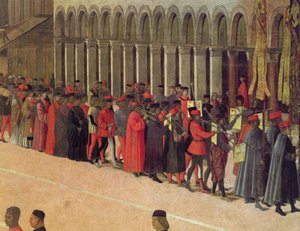 Prozession auf dem Markusplatz, Detail der Musiker, 1496 Öl auf Leinwand (Detail)