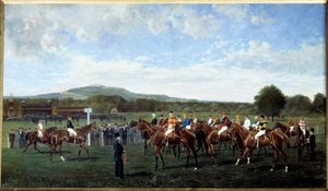 Abfahrt in Longchamp gegeben von Baron Foy im Jahr 1877. Pferdeaufstellung am Start eines Rennens auf der Rennbahn. von Geo Arnull