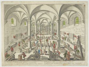 Per telecopium exhibitio partis inferioris armamentarii, Darstellung in Perspektive des unteren Teils eines Arsenals, um 1750 von Georg Balthasar Probst