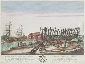 Ansicht der Werft der Admiralität von Zeeland in Vlissingen im Jahr 1779. Lithographie (36,3x49,1 cm), Gravur von Leizel nach einer Zeichnung von Georg Balthasar Probst (1732-1801)