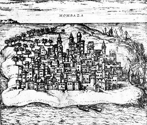 Ansicht von Mombasa, aus Georg Brauns Civitates orbis terrarum (Detail)