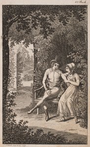 Illustration mit Paar auf einer Bank im Garten