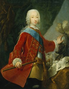 Porträt eines Gentlemans, wahrscheinlich Großherzog Peter Fedorovich, später Zar Peter III., stehend, dreiviertellang, in einer roten bestickten Jacke, Brustpanzer und dem Abzeichen des heiligen Anna, einen Stab haltend, seine Hand auf einem Helm auf einem