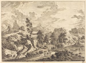 Landschaft mit aufgehender Sonne und einem Reiter mit Begleiter von Georg Eisenmann