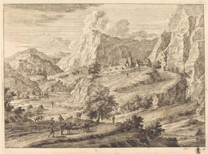 Gebirgige Landschaft mit Figuren und einem Kloster von Georg Eisenmann