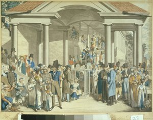 Gesundheitsgemeinschaft am Karlsbader Brunnen, 1810 (Aquatinta-Zeichnung) von Georg Emanuel Opitz