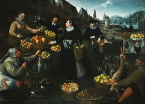 Eine Allegorie des Herbstes: Ein Obst- und Gemüsestand über dem Weinmarkt in Frankfurt von Georg Flegel