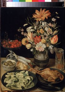 Stillleben mit Blumen, Huhn, Sanduhr, Oliven, Kirschen und Kohl von Georg Flegel