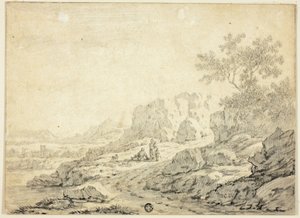 Felsige Landschaft mit Figuren und Hund auf dem Pfad von Georg Friedrich Dietzsch