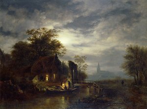 Mondscheinflusslandschaft mit Figuren, die ein Boot entladen