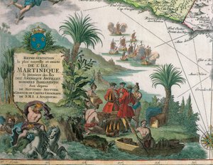 Karte von Martinique erstellt von Matthieu Seutter, Details: Kaufleute und amerikanische Ureinwohner von Georg Matthäus Seutter