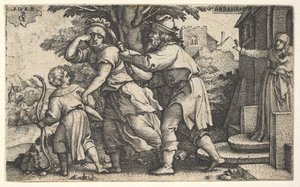 Abraham schickt Hagar und Ismael weg: Abraham hält ein Gefäß, während Hagar und Ismael... (ca. 1543)