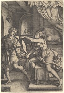 Joseph entfernt sich von Potiphars Frau, die seinen Mantel mit beiden Händen festhält von Georg Pencz