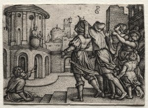 Virgil in einem Korb hängend von Georg Pencz