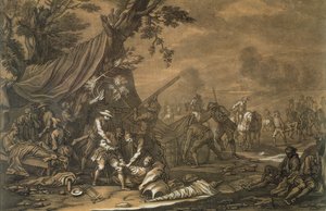 Militärchirurg auf dem Schlachtfeld während des Spanischen Erbfolgekriegs, 1707, graviert von Christian Rugendas (1708-81) um 1740 von Georg Philipp I Rugendas