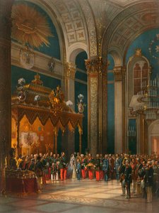 Huldigung der Kosakenoffiziere im Thronsaal, Krönung von Zar Alexander II., Moskau, 1856 von Georg Wilhelm Timm