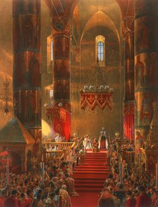 Der Metropolit kniet bei der Krönungszeremonie von Zar Alexander II., Moskau, 1856 von Georg Wilhelm Timm