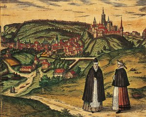 Tschechische Republik, Prag, Blick auf die Stadt mit der Zitadelle im Hintergrund, Farbgravur aus Civitates Orbis Terrarum von Georg Braun (1541-1622) und Franz Hogenberg (1535-1590) von Georg Braun and Hogenberg Franz