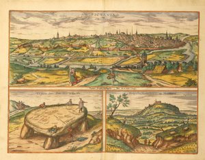 Dolmen bei Poitiers und Stadt Poitiers und Montherre aus Civitates Orbis Terrarum von Georg Braun