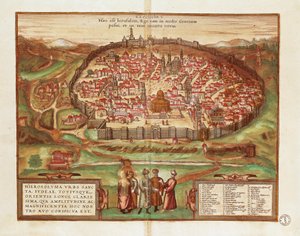 Israel und Palästina, Stadt Jerusalem, von Georg Braun und Franz Hogenberg, aus Civitates Orbis Terrarum, Farbstich