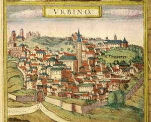 Ansicht von Urbino, Farbstich aus Civitates Orbis Terrarum von Georg Braun and Hogenberg Franz