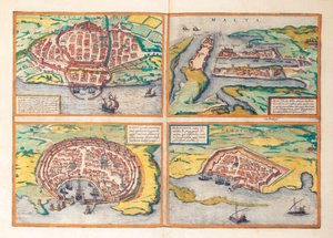 Karte von Cagliari, Malta, Rhodos und Famagusta aus Civitates Orbis Terrarum von Georg Braun von Georg Braun and Hogenberg Franz