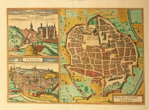 Karten von Urbino und Sulmona, Abruzzen und Marken, Italien, aus Civitates Orbis Terrarum von Georg Braun von Georg Braun and Hogenberg Franz