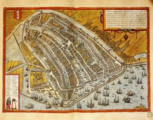 Niederlande, Karte von Amsterdam aus Civitates Orbis Terrarum von Georg Braun (1541-1622) und Franz Hogenberg (1535-1590), Gravur von Georg Braun and Hogenberg Franz
